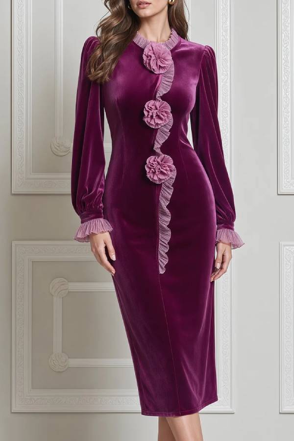 Purple Velvet Stand Collar Floral Appliqué Pencil Midi Dress