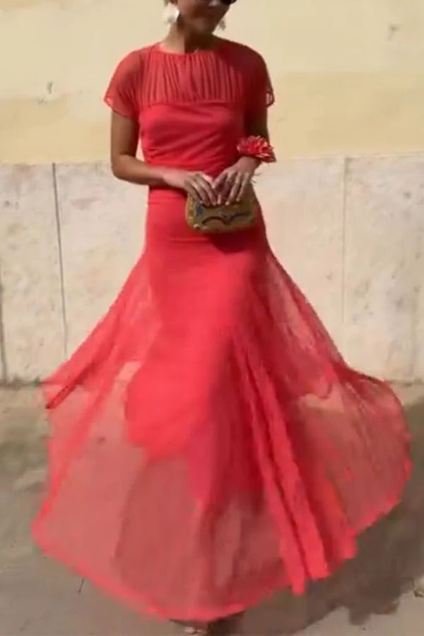 Chic Illusion Yoke Short Sleeve Flowy Long Dress