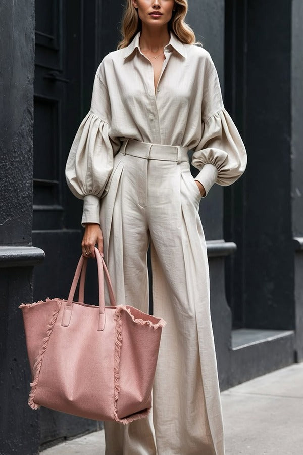 Solid Color Lapel Long-sleeved Loose Shirt and Casual Wide-leg Pants Set
