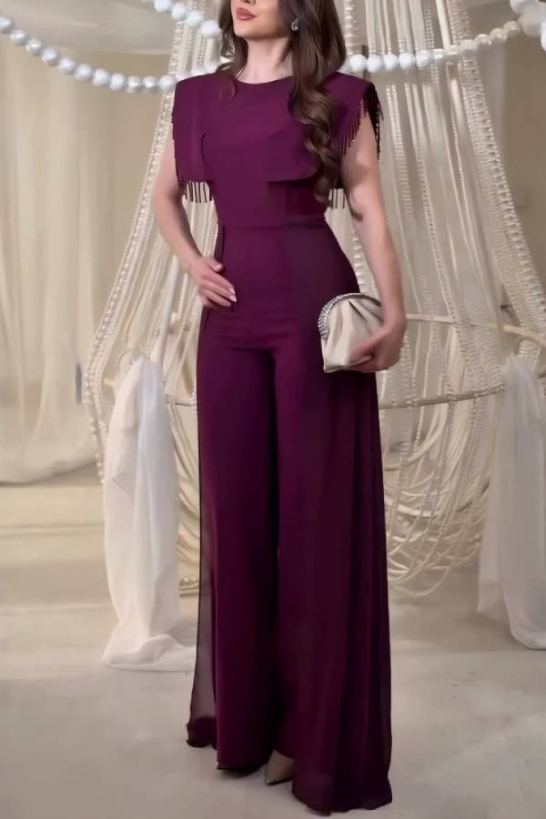 Fringe Cape & Chiffon Train Wide‑Leg Pants Formal Two‑Piece Set