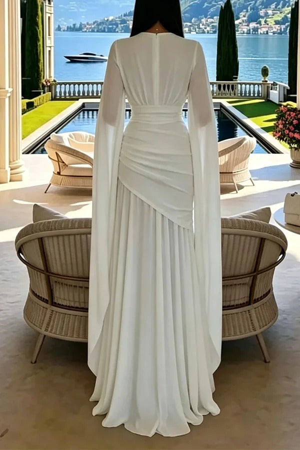 Luxury Cape Sleeve V-Neck Pleated Maxi Dress