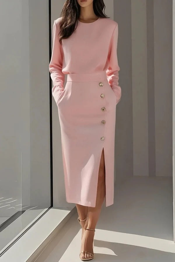 Solid Color Long Sleeves Pocket Button Decorated Slit Midi Dress