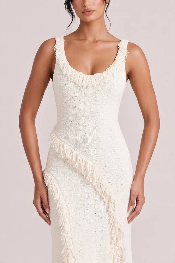 Tweed Knit Scoop Neck Sleeveless Fringe Trim Slit Maxi Dress