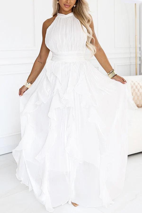 Clara Shimmer Fabric High Tie-up Neck Sleeveless Layered Ruffles Hem Maxi Dress