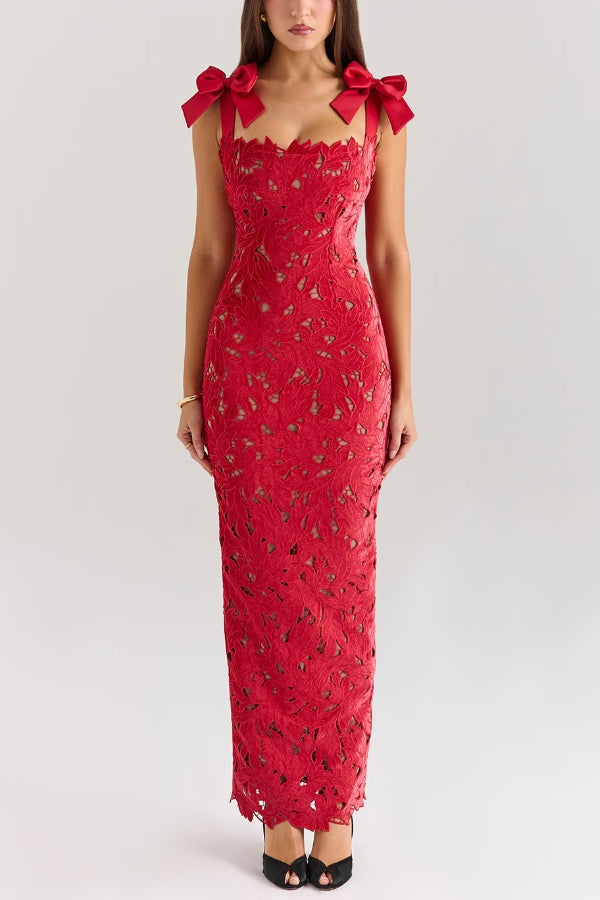 Holiday Intimacy Embroidered Floral Lace Bow Shoulder Straps Slit Maxi Dress