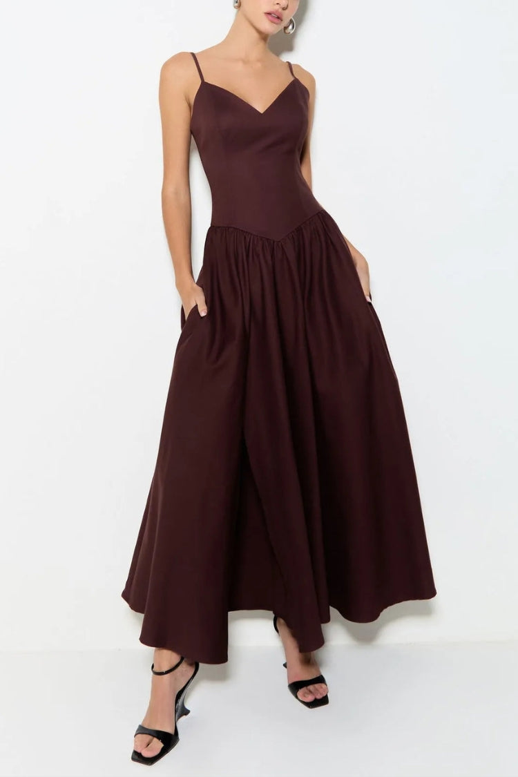 Sofie Back Smocked Pocketed High Waist Umbrella Slip Midi Dress