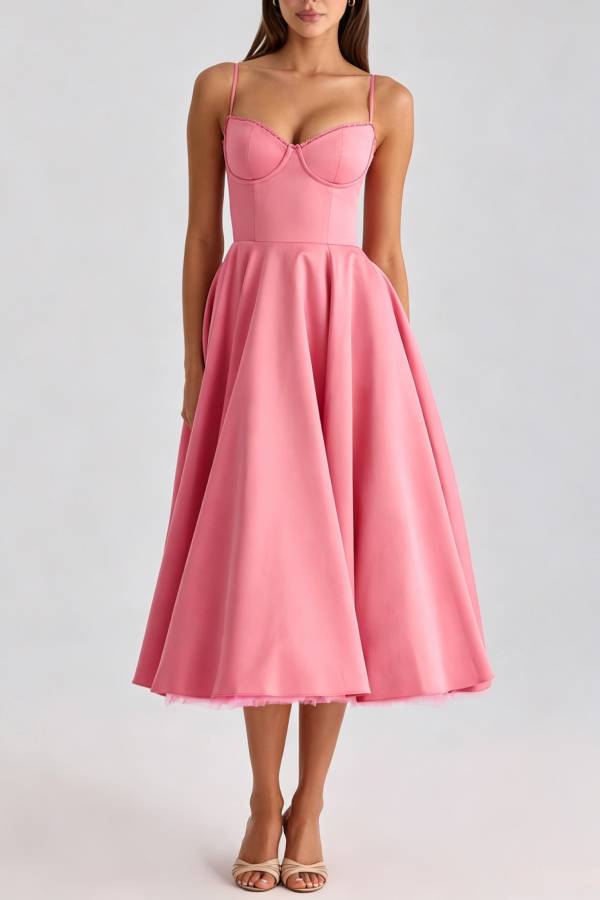 Lace Trim Corset Satin Midi Swing Dress