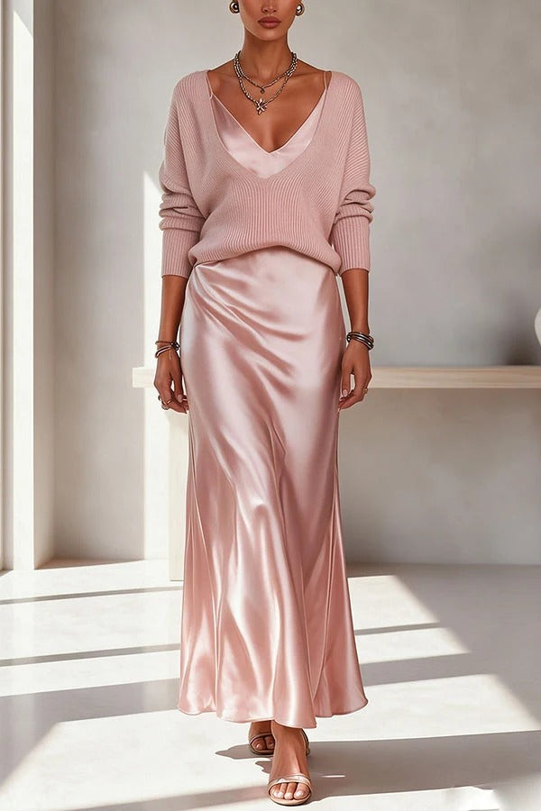 Velma Ribbed Knit V-neck Long Sleeve Relaxed Sweater and Satin Slip Midi Dress