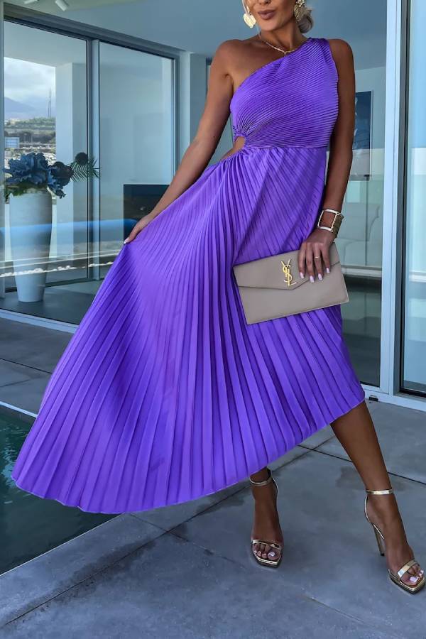 One-Shoulder Pleated Cutout Flare Maxi Dress