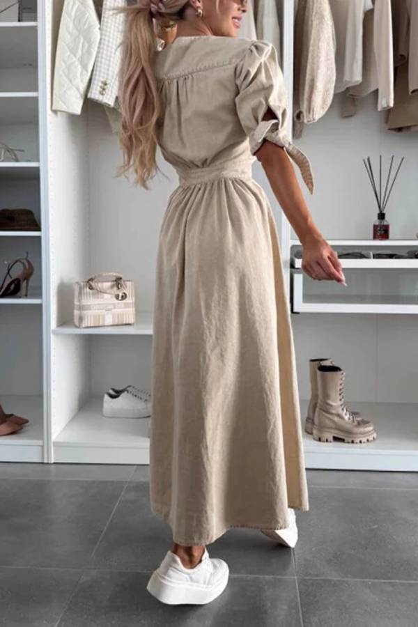 Solid Color V-neck Button-down Denim Midi Dress