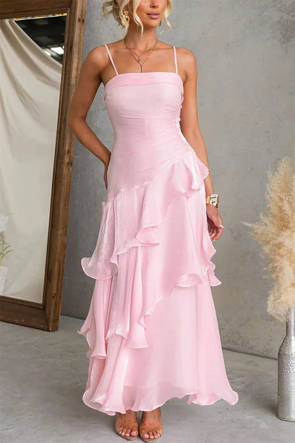 Arlow Multi-layered Ruffles Square Neck Slip Maxi Dress