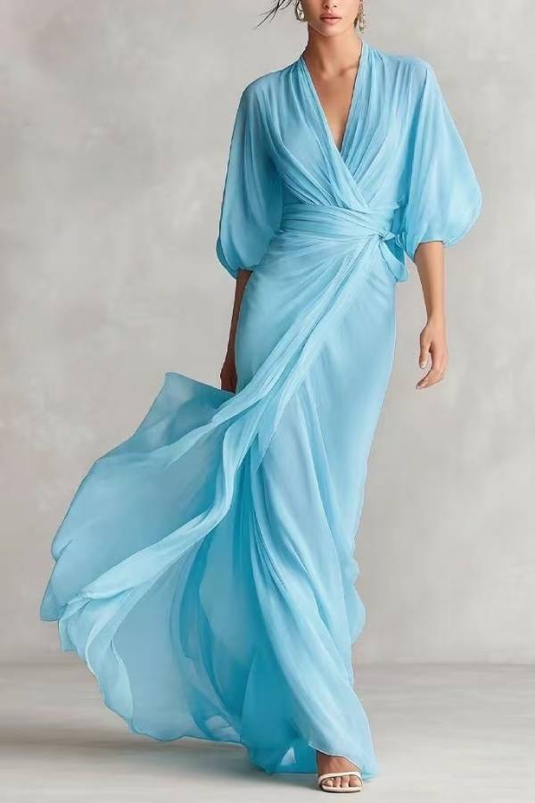 Wrap V-Neck Lantern Sleeve Chiffon Evening Gown