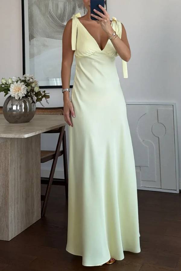 Bow Strap Deep V Satin Maxi Evening Dress