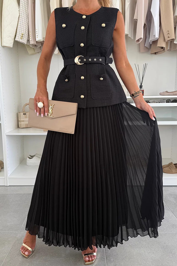 Relaxed and Elegant Pleated Tulle Side Zipper A-line Maxi Skirt