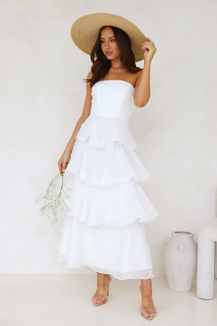 Strapless A-Line Layered Ruffled Hem Maxi Dresses