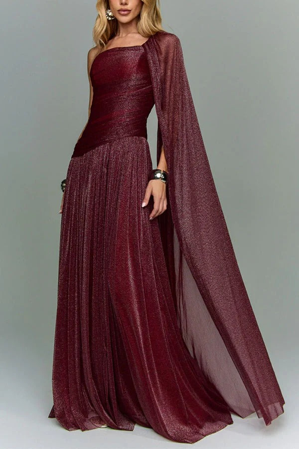 Maison Lurex Shimmer Ethereal One-Shoulder Draped Maxi Dress