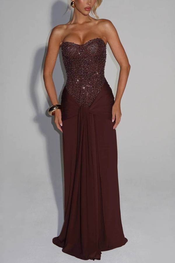 Strapless Beaded Ruched Evening Gown