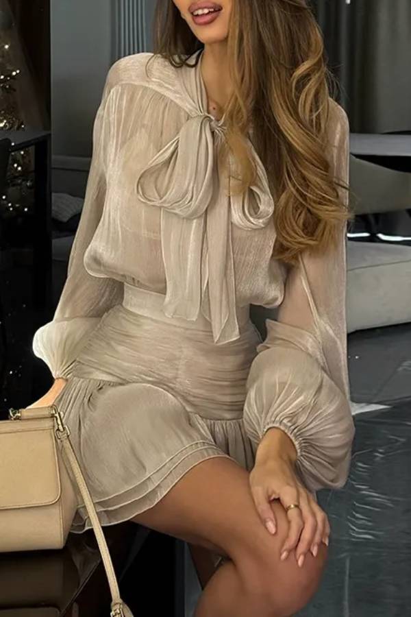 Bow Tie Top High Waist Pleated Skirt Casual Suit