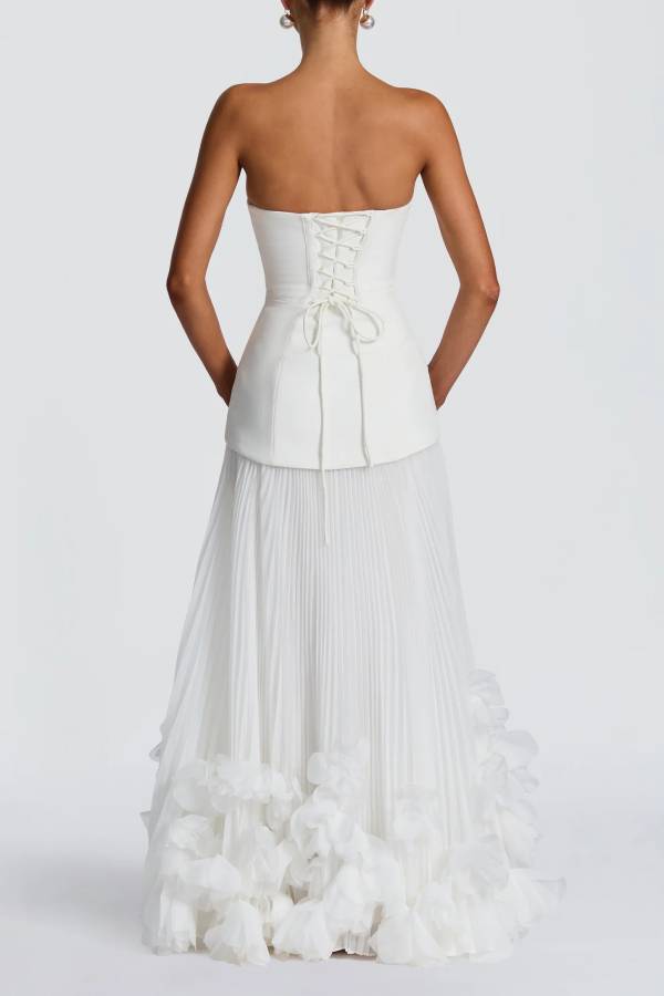 Serafina Strapless Back Lace-up Handcrafted Floral Appliqués Pleated Hem Gown Maxi Dress