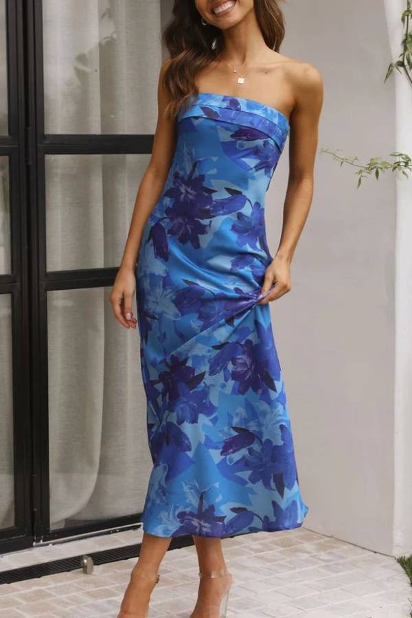 Strapless Satin & Print Fitted Maxi Dress