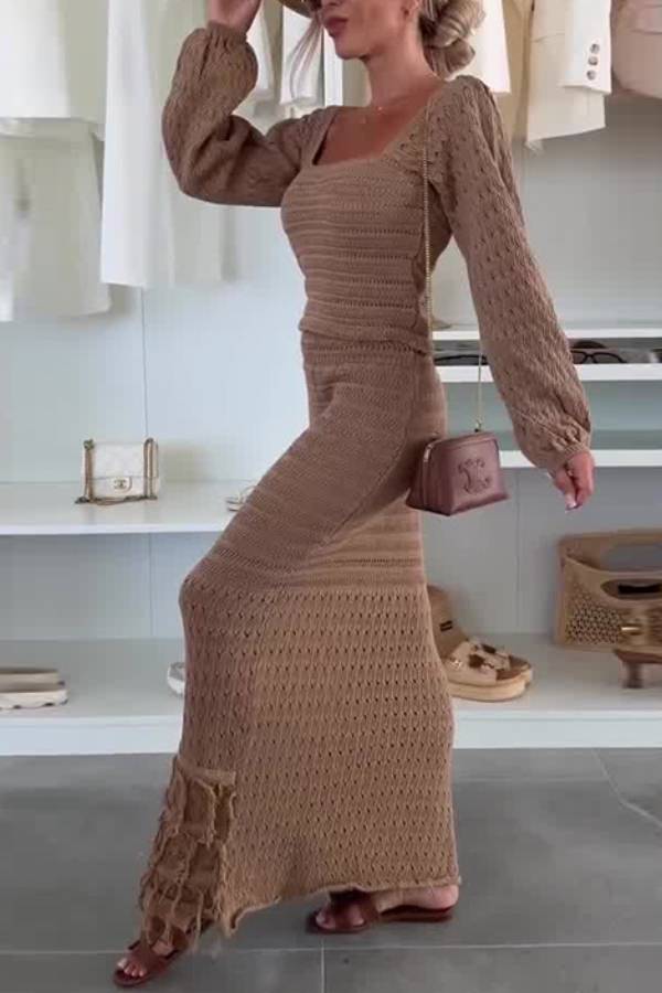 Square Neck Hollow‑Out Fringe Knit Maxi Dress