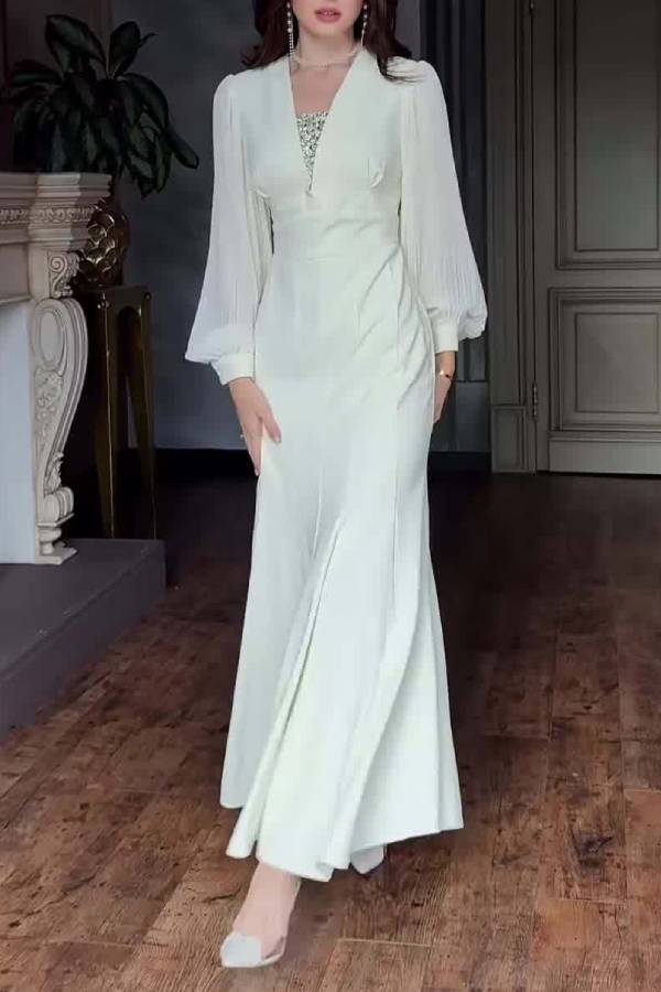 V-Neck Rhinestone Insert Puff Sleeve Fitted Midi Maxi Evening Dress