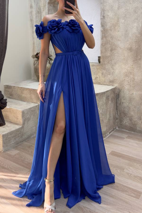 Strapless Chest Rose Waist Detail Design Evening Dress