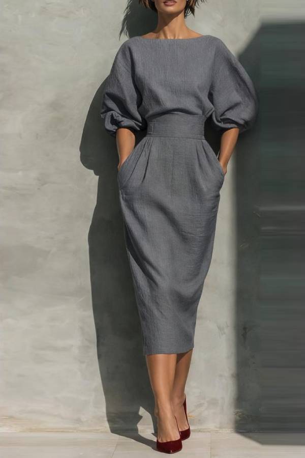 Boat Neck Puff Sleeve Waisted Midi Dress