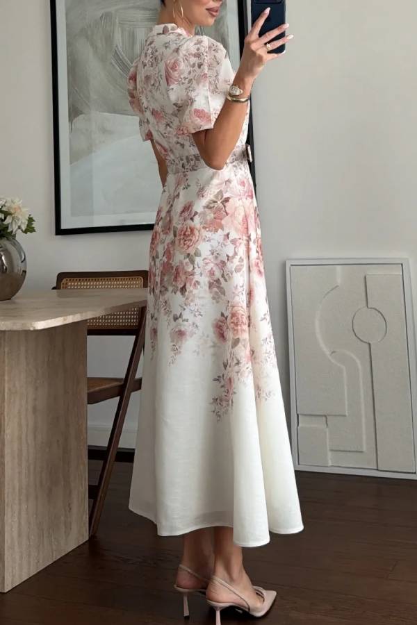 French Rose Print Puff Sleeve Midi Dress