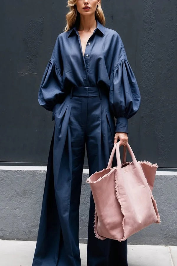 Solid Color Lapel Long-sleeved Loose Shirt and Casual Wide-leg Pants Set