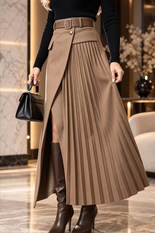Distinctive Style High Rise Pocketed Pleated Hem Slit Maxi Skirt