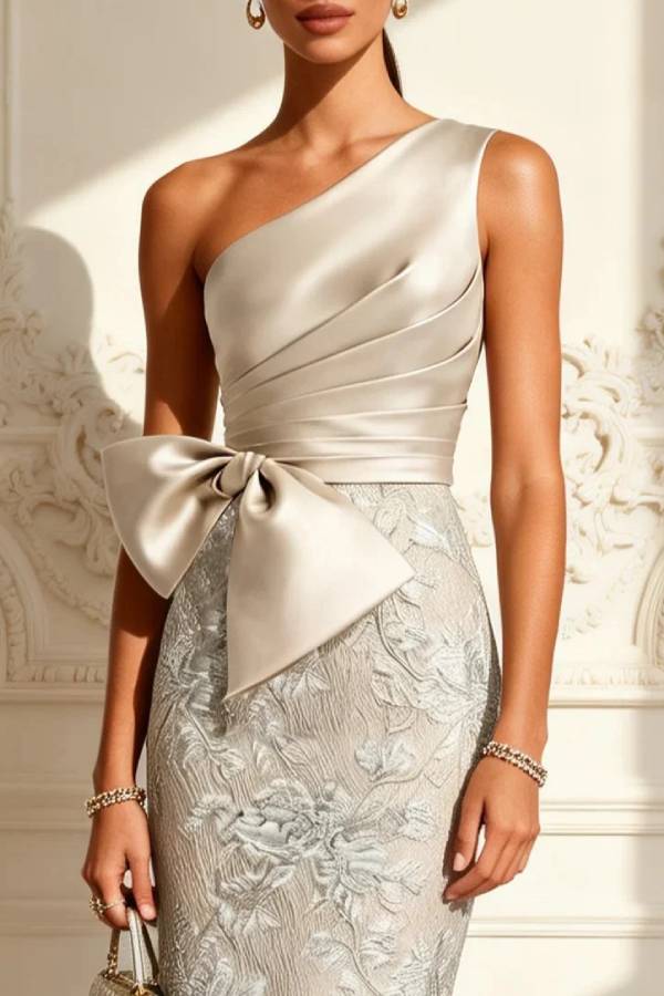 Champagne Ivory Floral Bow Satin One Shoulder Sleeveless Maxi Dress
