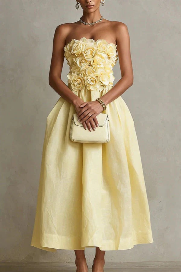 Seraphina 3D Rosette Strapless Midi Dress