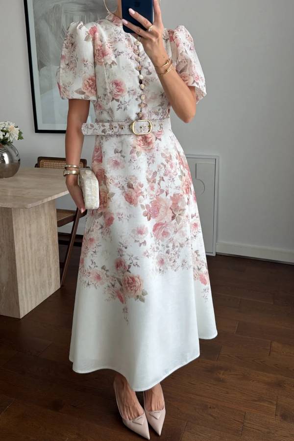 French Rose Print Puff Sleeve Midi Dress