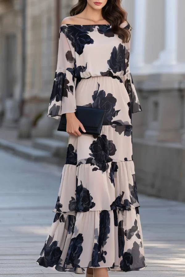 Beige Off‑Shoulder Printed Ruffle Hem Elegant Maxi Dress