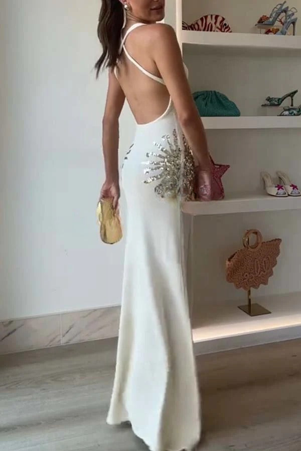 Sparkling Nights Knit Sunburst Sequin Detail Back Cross Straps Stretch Maxi Dress