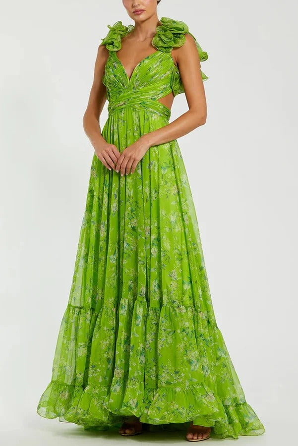 Delicate Garden Chiffon Floral Print Tiered Ruffle Cutout Back Lace-up Gown Maxi Dress