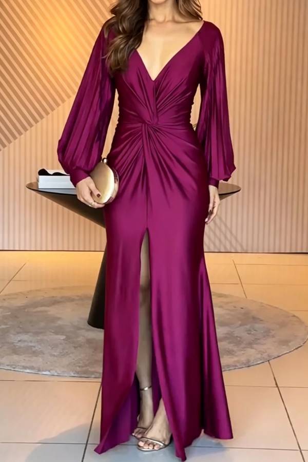 Raise A Toast Satin Long Balloon Sleeve Twist Waist Slit Maxi Dress