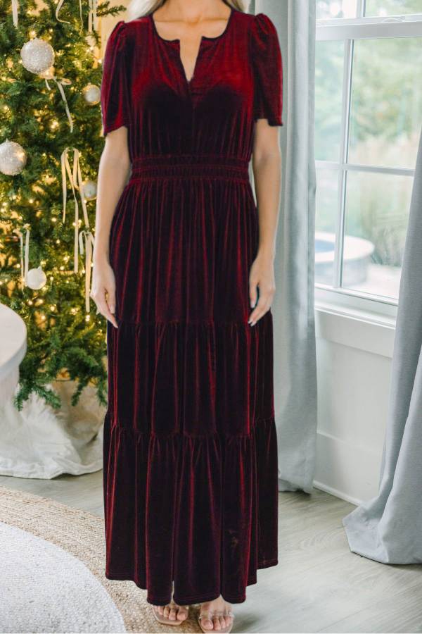 Velvet Solid V-Neck Elastic Waist Long Dress