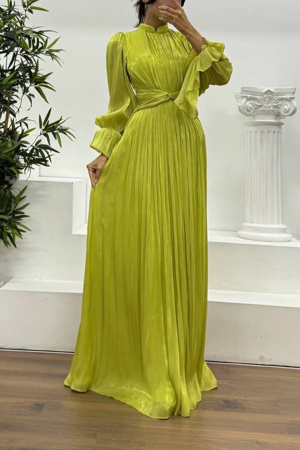 High‑Neck Puff Long Sleeve Twist Waist Shiny Pleated Maxi Gown