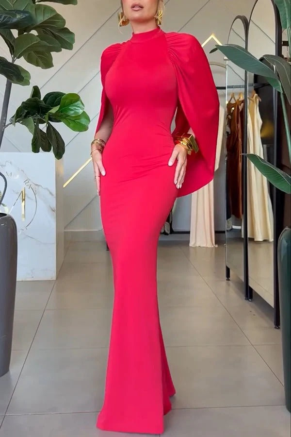 Mermaid High Neck Cape Sleeve Drape Open Back Evening Gown Maxi Dress
