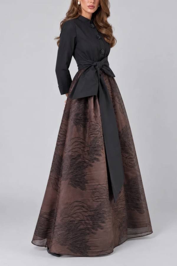 Elegant Black Long Sleeve Bow Belted Shirt Dress with Floral Buttons
