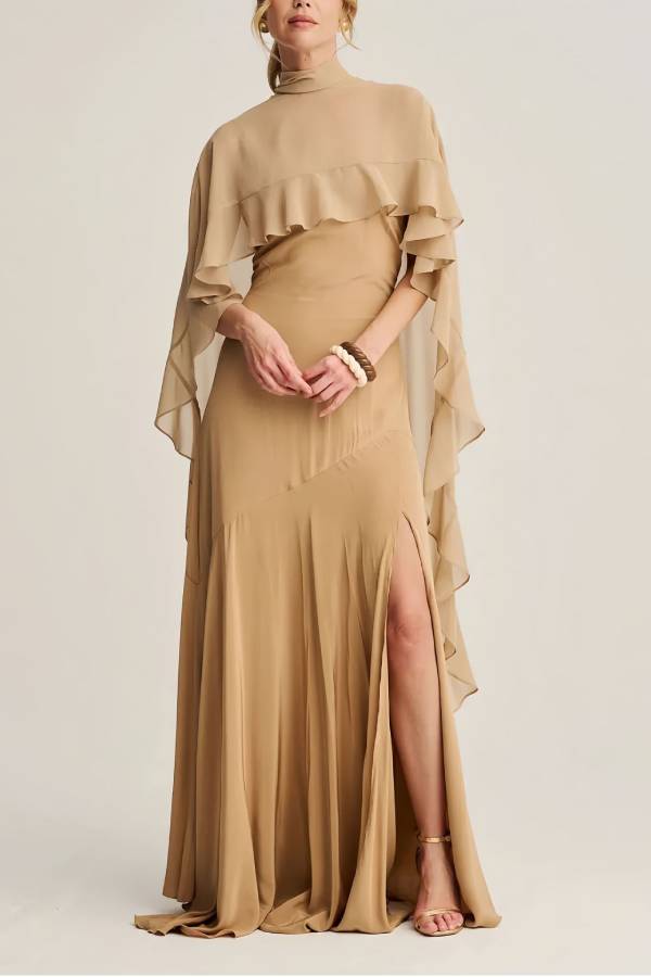 Satin Slit Maxi Dress With Ruffle Cape Two Piece Set
