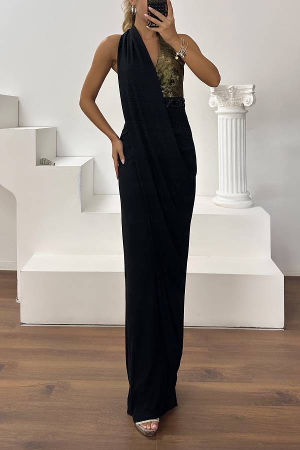 Halter Color‑Block Rhinestone Wrap Long Evening Gown