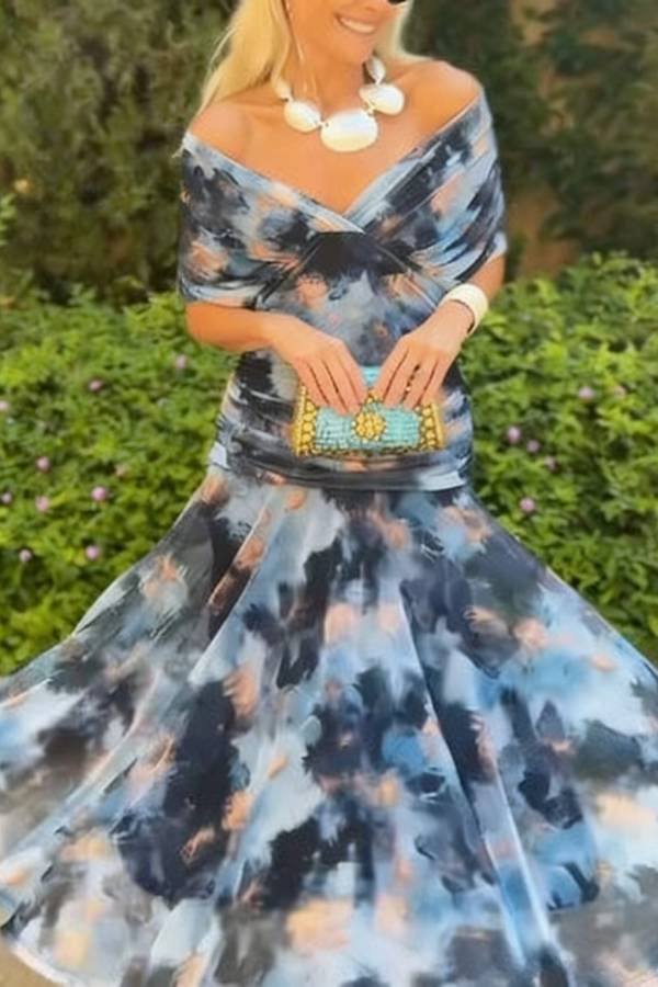 Off-Shoulder V-Neck Twist Knot Tie-Dye Print Slim Fit Maxi Dress