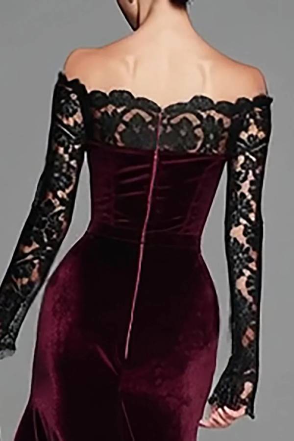 Burgundy Velvet Lace Sleeves Off Shoulder Mermaid Gown Maxi Dress