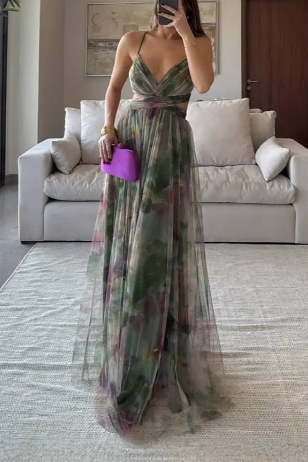V-Neck Camisole Tie-Dye Mesh Cutout Waist Flare Maxi Dress