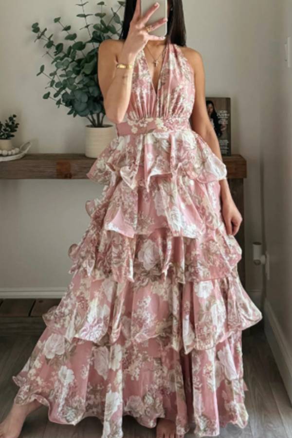 Multi-Color Floral Halter Backless Ruffle Tiered Maxi Dress