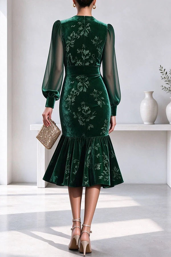 Velvet Sheer Sleeve Floral Dress