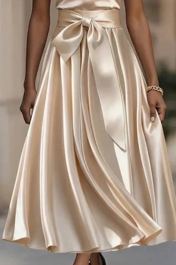 Elegant Ivory Sleeveless Satin Midi Dress with Pearl Neckline and Bow Waist